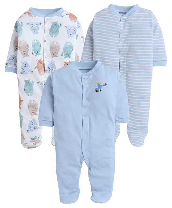 BUMZEE Blue & White Baby Boys Full Sleeves Sleepsuit Pack of 3 (Peb325D-blu.wht)