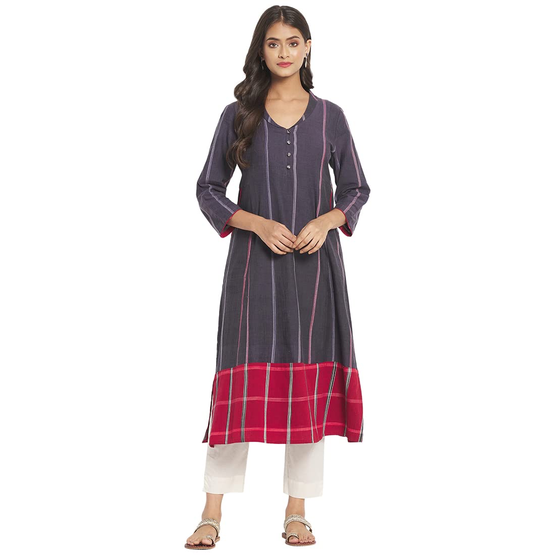 Fabindia Women Raised Neck Medium Kurta Cotton_S Charcoal