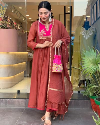 ANNI DESIGNER Womens Rayon Viscose Embroidered Anarkali Kurta with Pant & Dupatta (BRICS Rust_L_Rust_Large)