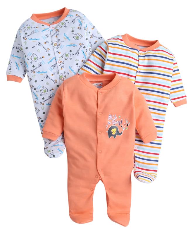 BUMZEE Orange & Multi Baby Boys Full Sleeves Sleepsuit Pack of 3 Age - New Born (Peb10047A-org)