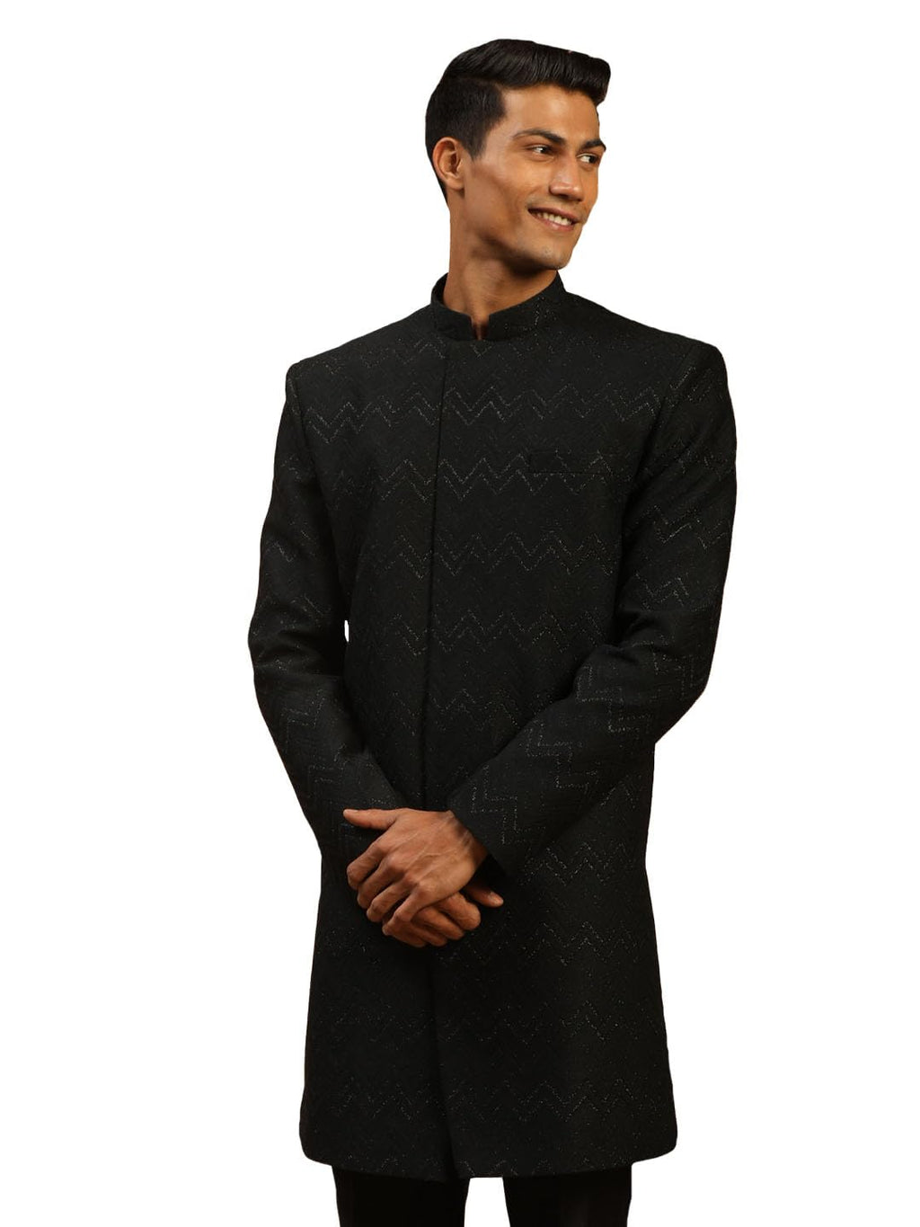 VASTRAMAY Mens Black Silk Blend Sherwani Only Top | Imported Fabric Designer Indowestern Top