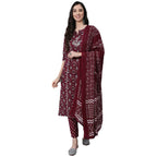 anubhutee Women Maroon Ethnic Motifs Thread Work Pure Cotton Kurta with Trousers With Dupatta