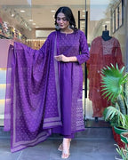 ANNI DESIGNER Womens Rayon Viscose Anarkali Printed Kurta with Pant & Dupatta (Hamlet Begani_L_Begani_Large)