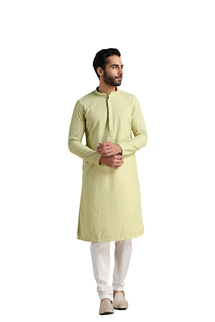 Manyavar Kurta Set For Men, Full Sleeves Mandarin Collar Ethnic Kurta Set For Engagement, Wedding, Party Blended Cotton (Light G