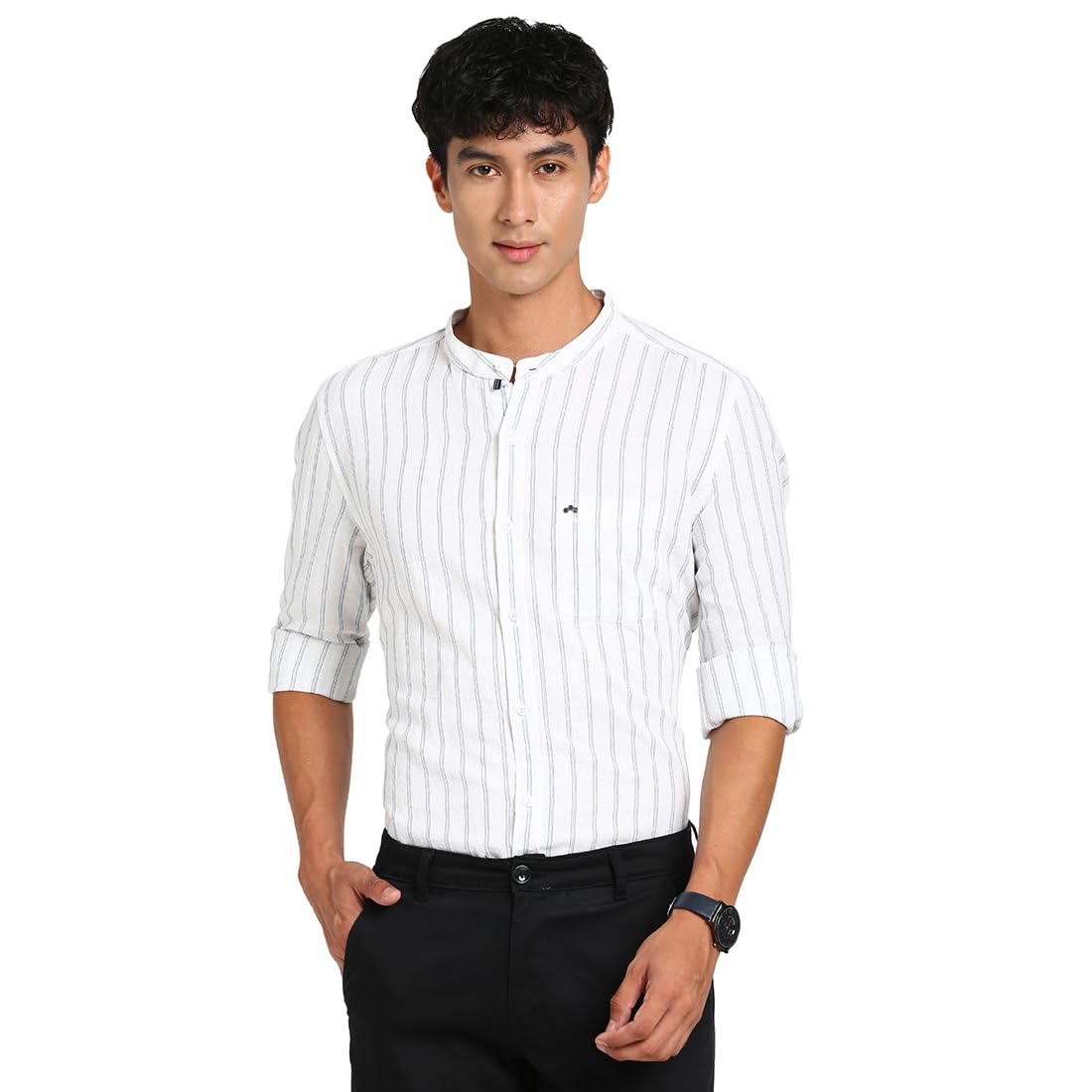 Turtle Men Cotton Linen White Striped Slim Fit Casual Shirt
