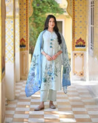 ANNI DESIGNER Womens Cotton Blend Printed Straight Kurta with Pant & Dupatta (Durjan Blue_M_Blue_Medium)