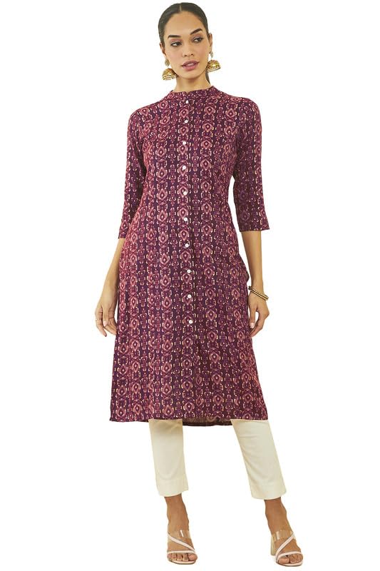 Soch Womens Maroon Rayon Ikat Print Straight Kurta With Front Button-Placket