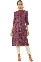 Soch Womens Maroon Rayon Ikat Print Straight Kurta With Front Button-Placket
