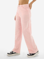 The Souled Store Peachy Pink Women and Girls Buttoned Cotton Blend Straight Fit Corduroy Pants