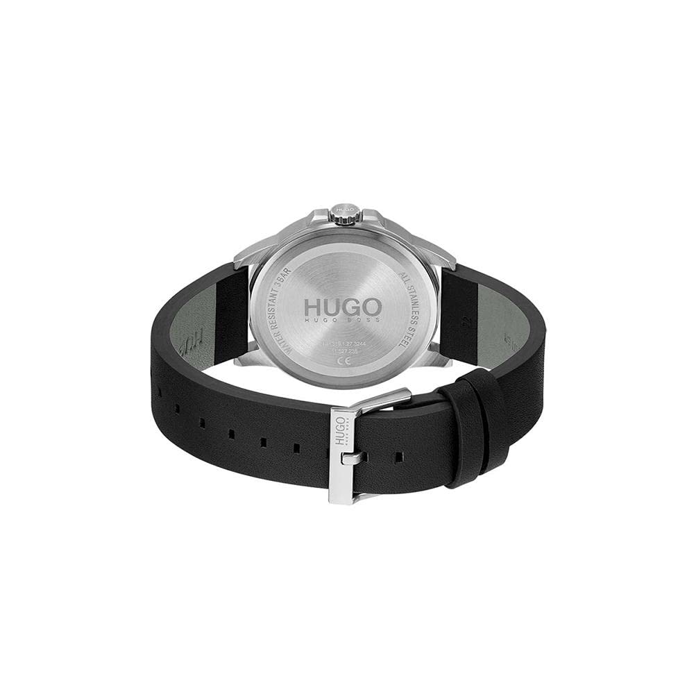 HUGO #First Men's Quartz Stainless Steel and Leather Strap Casual Watch, Color: Black (Model: 1530188)