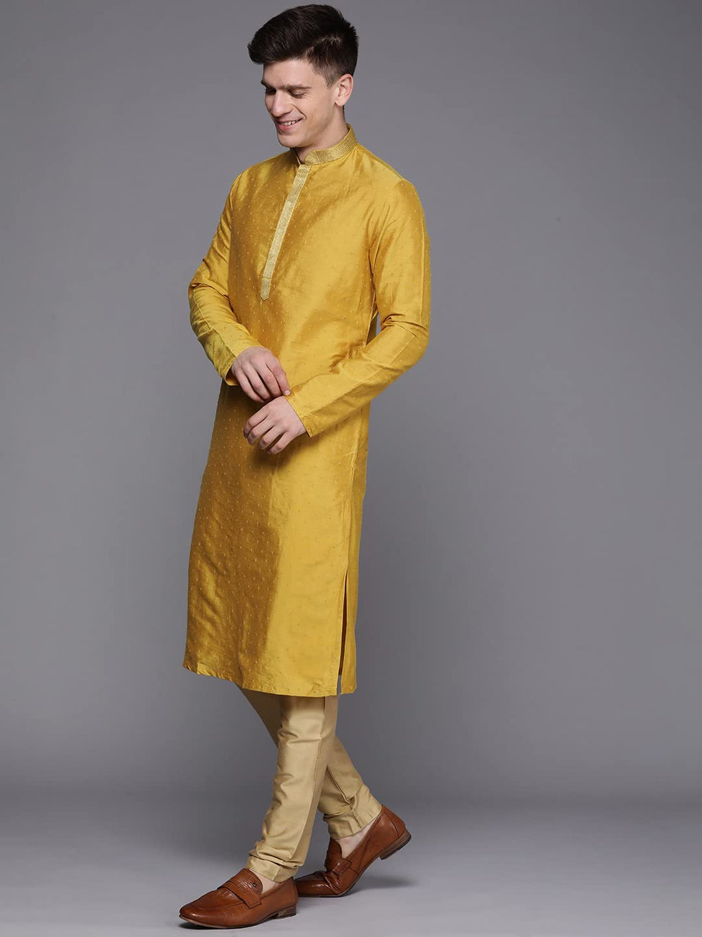 Manyavar Kurta Set for Men, Printed Knee Long Full Sleeves Kurta and Churidar Set for Men