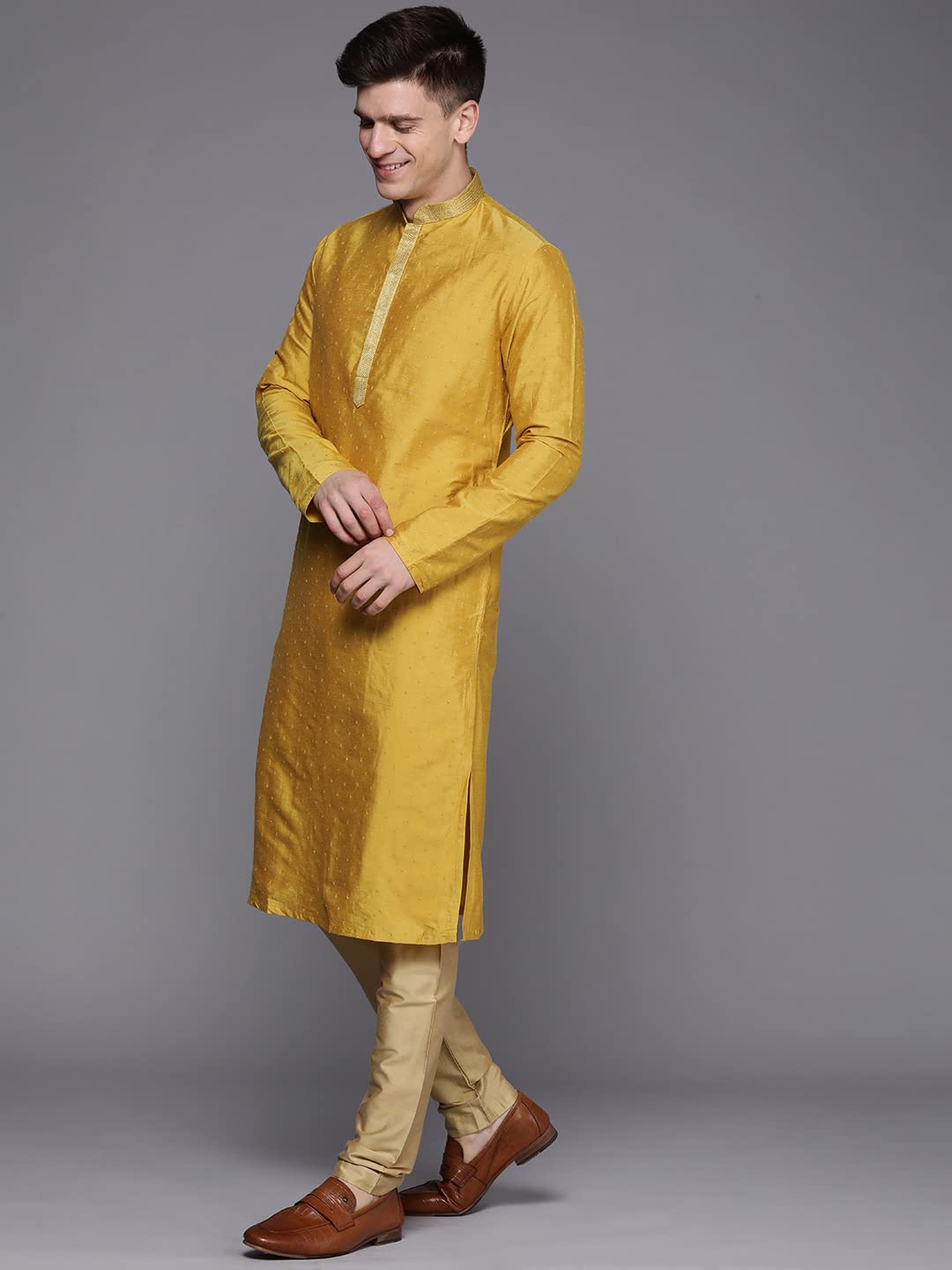 Manyavar Kurta Set for Men, Printed Knee Long Full Sleeves Kurta and Churidar Set for Men