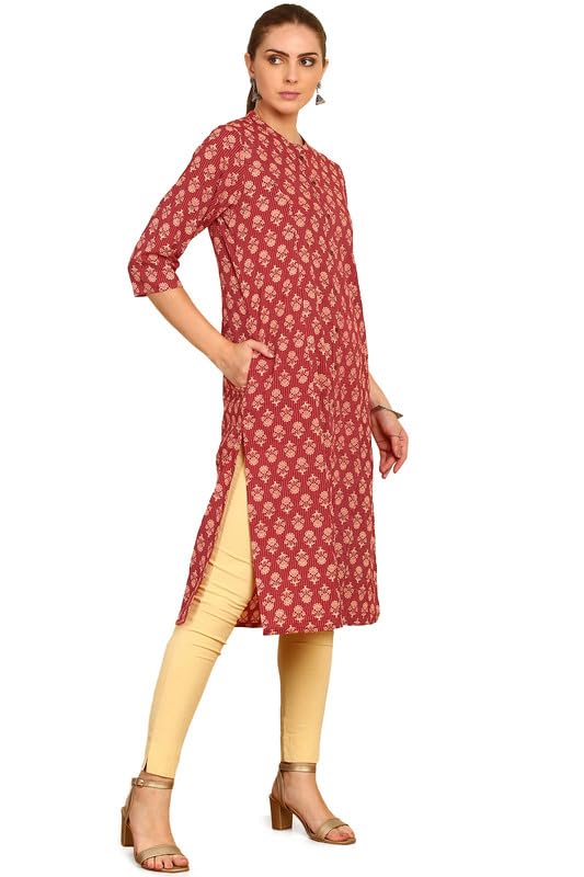 Soch Womens Red Floral Printed Cotton Kurta With Mandarin Collar