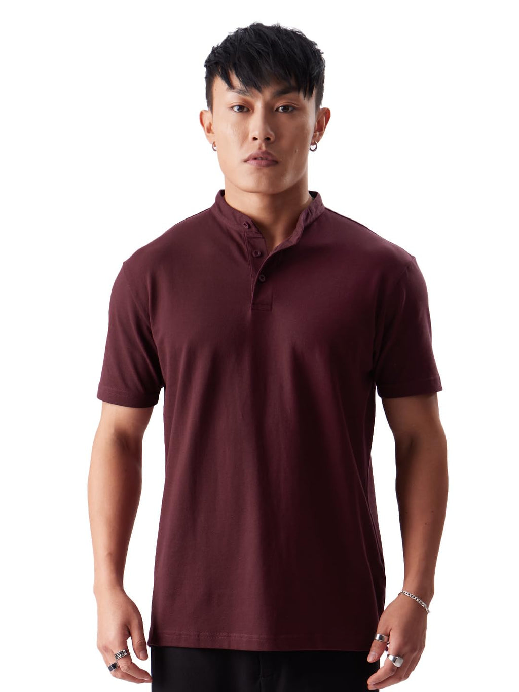 The Souled Store Solids: Burgundy Mens & Boys Regular Fit Solid Half Sleeve Cotton Burgundy Mandarin Polos Mens Polos Graphic t