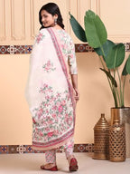 Ishin Floral Printed V-Neck Pure Cotton Kurta With Trousers & Dupatta | Kurta Set For Women | Kurta With Trousers And Dupatta