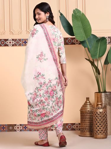 Ishin Floral Printed V-Neck Pure Cotton Kurta With Trousers & Dupatta | Kurta Set For Women | Kurta With Trousers And Dupatta