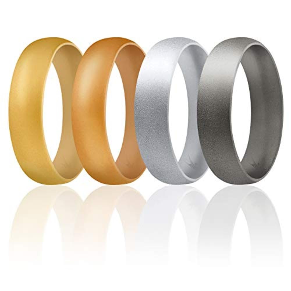 ROQ Silicone Rubber Wedding Ring for Men & Women, Comfort Fit, Unisex, 6mm Wide 2mm Thick, Dome Solid Thin, 4 Pack, Black, Grey, Black Camo, Silver, Size 11-New Condition