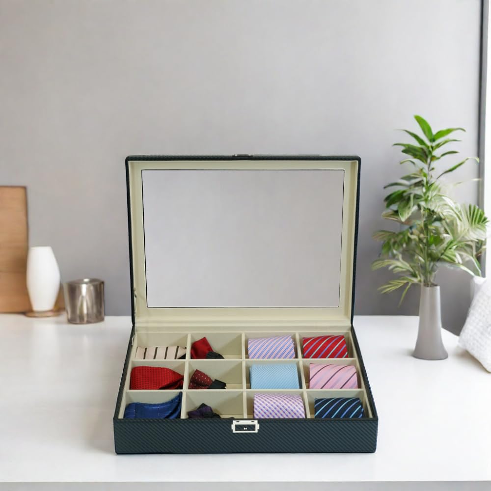 Tie Display Case for 12 Ties, Belts, and Men's Accessories Black Carbon Fiber Storage Box Father's Day