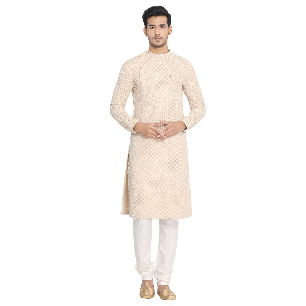Manyavar Traditional Embroidered Kurta and Churidar Set For Men - (Light Biscuit, Medium)