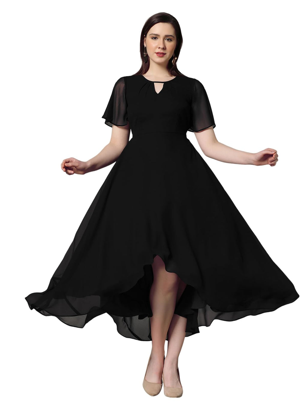 Selvia Western Dress For Women| Solid Cap Sleeve Georgette Western Dress For Women | Keyhole Neck Fit & Flare Dress For Women | 