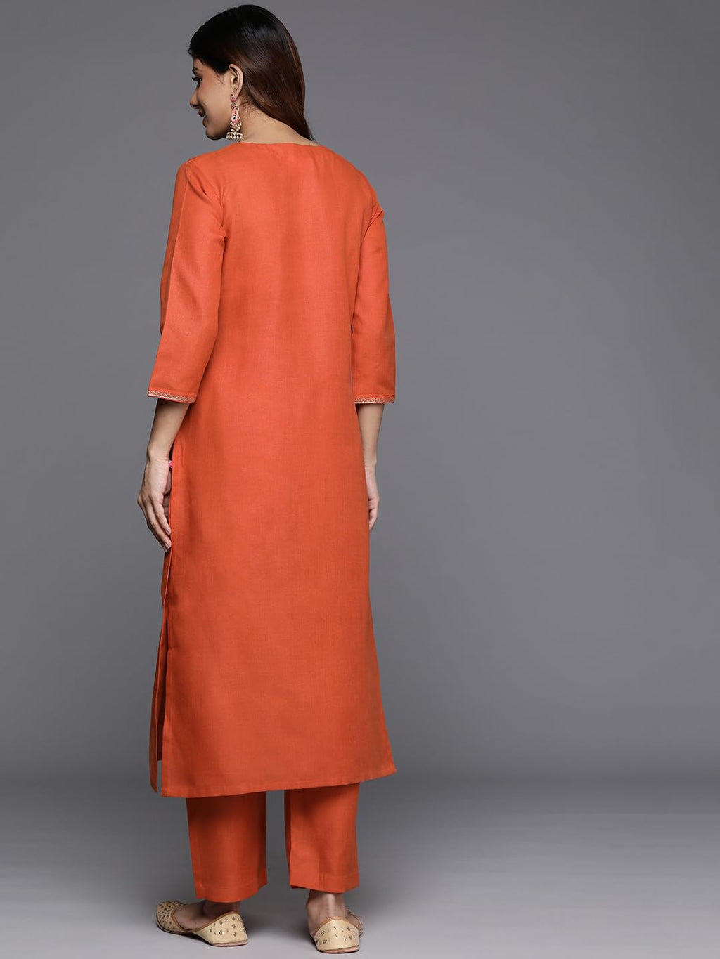 Varanga Women Rust Thread And Zari Embroidered Kurta With Bottom, Round Neck With Slit, Three-Quarter Sleeves, Straight Kurta Wi