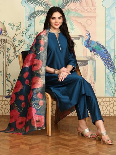 Ishin Navy Blue Notched Neck A-Line Kurta With Trousers & Dupatta | Kurta Set For Women | Kurta With Trousers And Dupatta