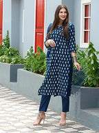 ANNI DESIGNER Womens Cotton Blend Straight Printed Kurta with Pant & Dupatta (Thaka Blue_L_Blue_Large)