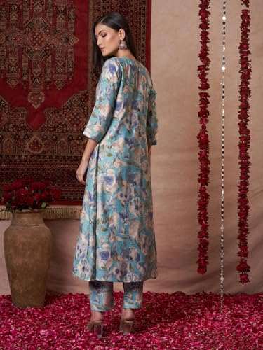 ANNI DESIGNER Womens Rayon Blend Straight Printed Kurta with Pant (Bhaskar Sky Blue_S_Sky Blue_Small)