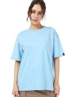 Bewakoof WomenS Solid Oversized Fit Half Sleeve Round Neck Cotton Jersey T-Shirt_646275_Blue_S