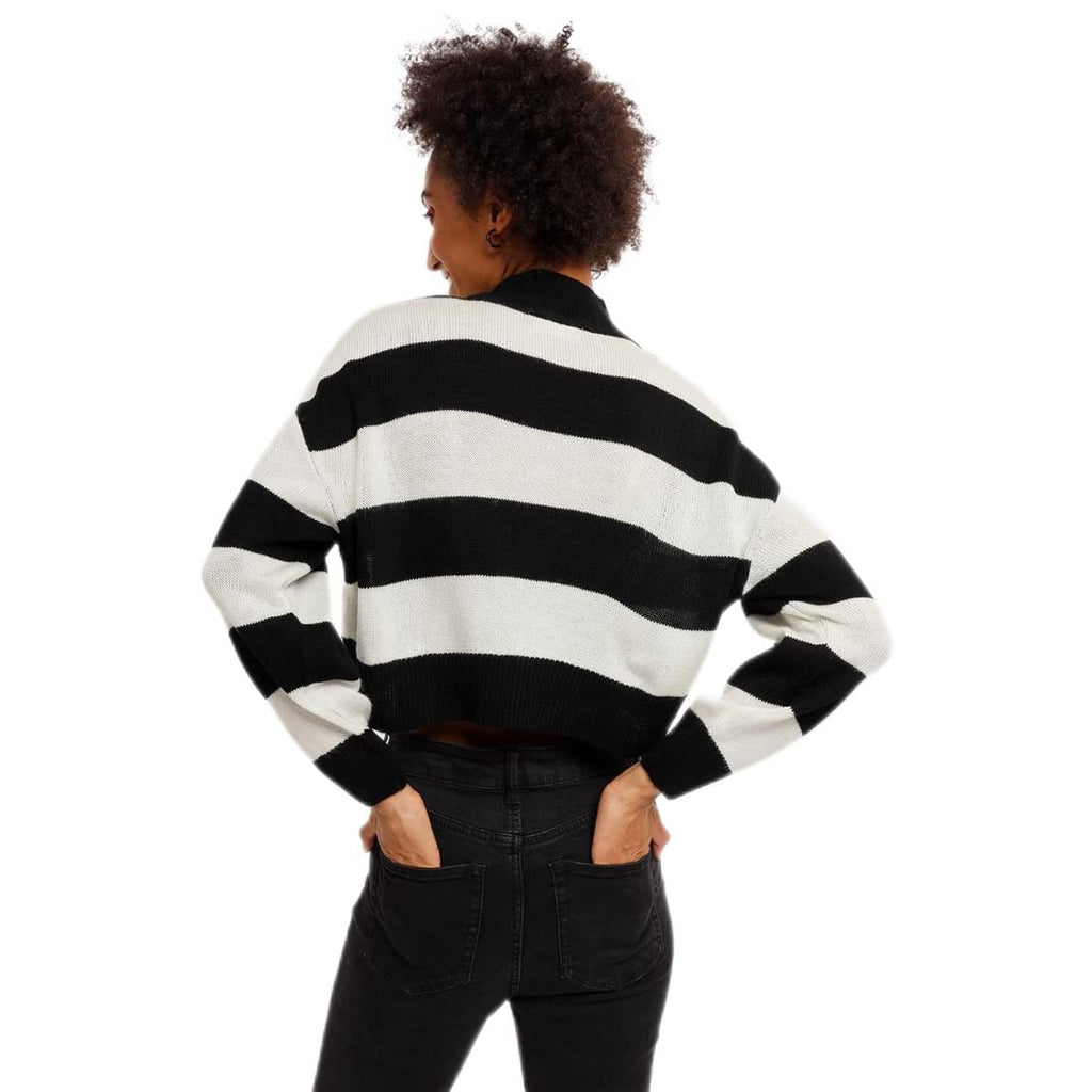 Bewakoof Womens Striped Oversized Fit Full Sleeve Round Neck Acrylic Sweater Black