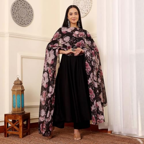 Toochki WomenS Black Rayon Fit & Flared Ethnic Gown With Dupatta For Women | Ethnic Gowns Set | Ethnic Anarkali Set | Dress For