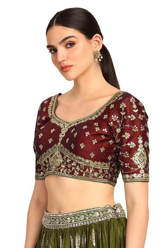 Soch Womens Maroon Zari Embroidered Silk Blend Padded Blouse With Sequins