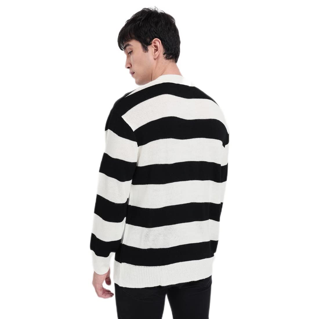 Bewakoof Mens Striped Black Mock Neck Full Sleeve Oversized Sweater