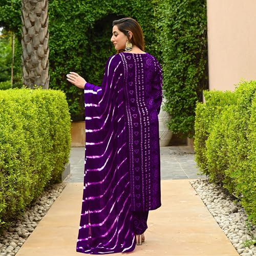 ANNI DESIGNER Womens Rayon Blend Straight Bandhej Printed Kurta with Pant & Dupatta (Baghira Begani-VKS01_XXL_Begani_XX-Large)