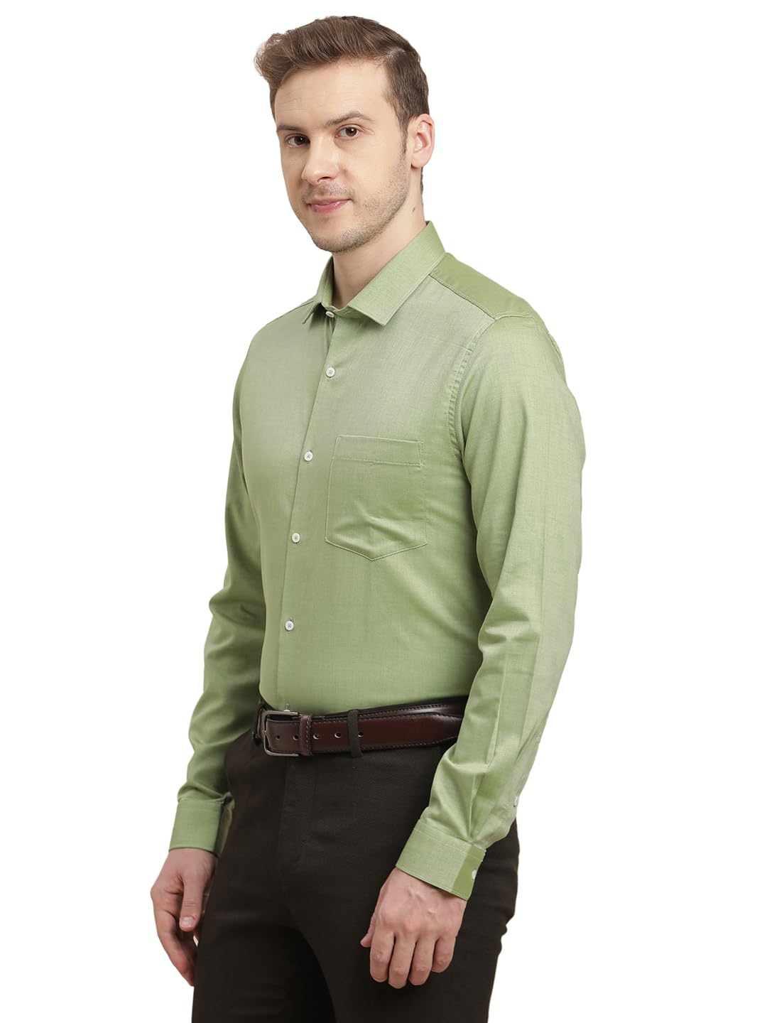 Turtle Men 100% Cotton Slim Fit Pista Green Dobby Print Full Sleeve Formal Shirt