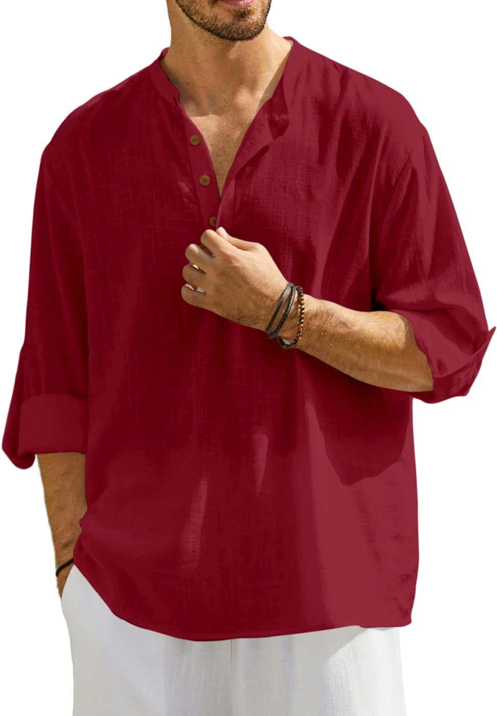 Zombom MenS Cotton Blend Solid Casual Regular Fit Mandarin/Chinese Collor Short Kurta Shirt Maroon