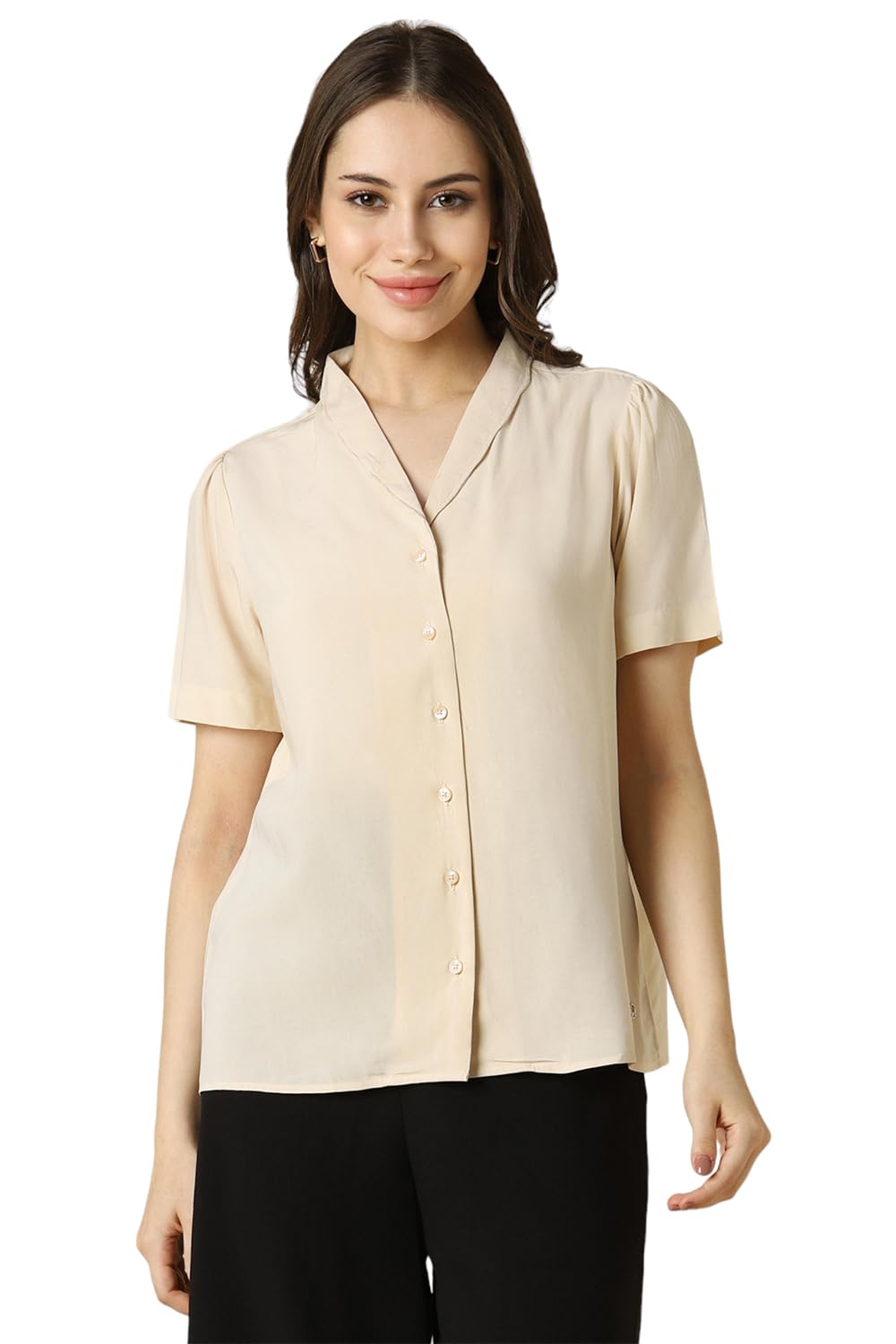 Allen Solly Women Solid Formal Cotton Short Sleeve Stretch Button-Down Shirt