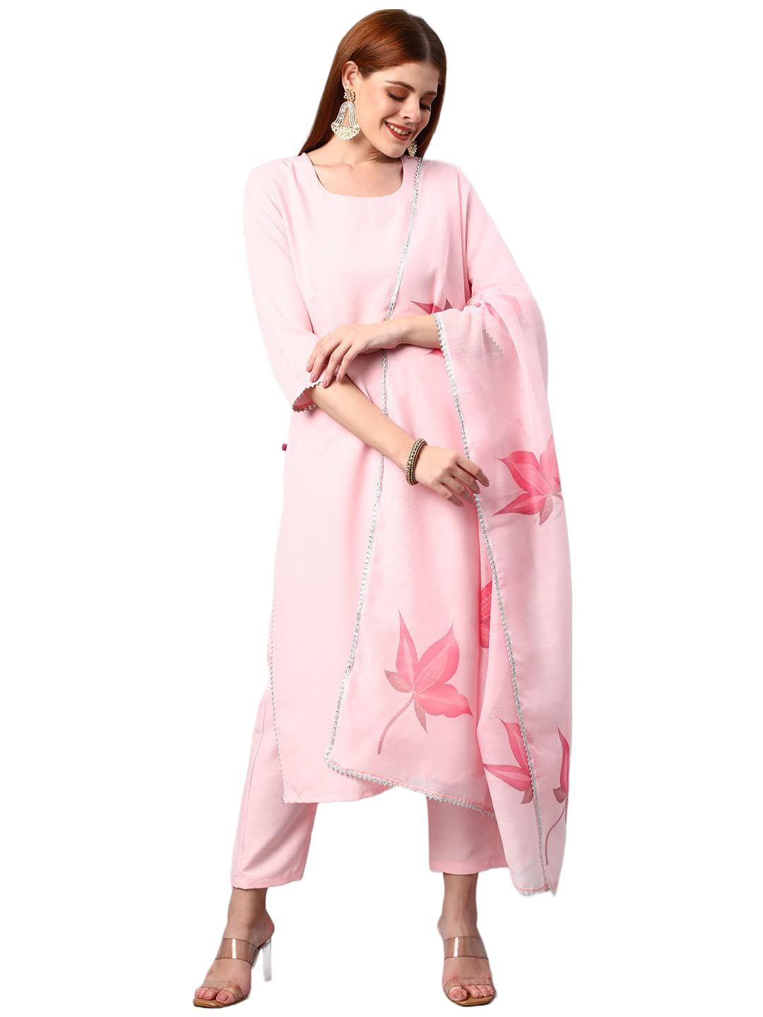 ANNI DESIGNER Women's Cotton Blend Traditional Plain Anarkali Kurta and Pant with Dupatta Set (Wipin Pink-Nw-001_3XL_Baby Pink_X