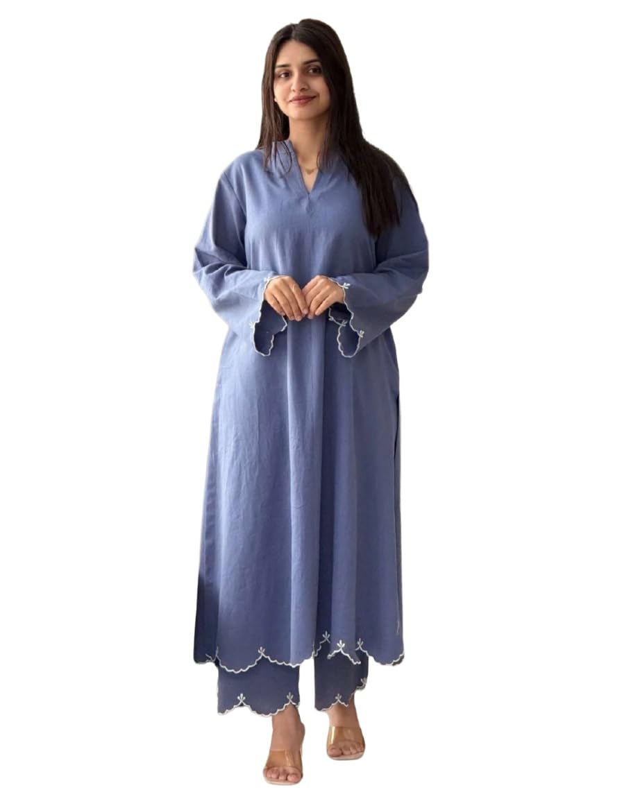 Anni Designer WomenS Viscose Embroidered Straight Kurta With Palazzo (Jigna Blue_L_Blue_Large)