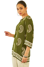 Soch Womens Green Crepe Paisley Printed Ethnic Tunic with Tie-Ups Tassels