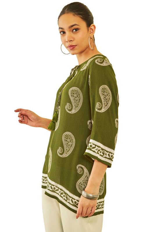 Soch Womens Green Crepe Paisley Printed Ethnic Tunic with Tie-Ups Tassels