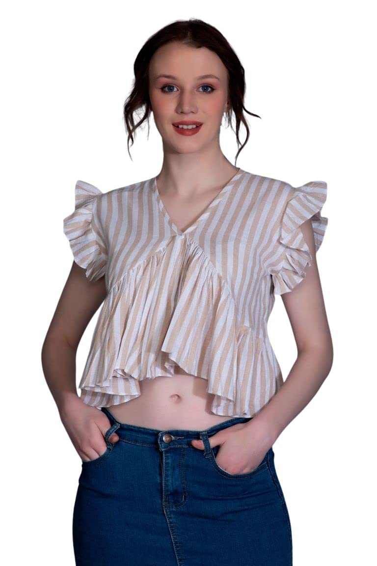 Leriya Fashion WomenS Western Crop Tops | Fancy Stripped With Ruffle Sleeves | Button Down Lightweight Cotton For Girls | Suita