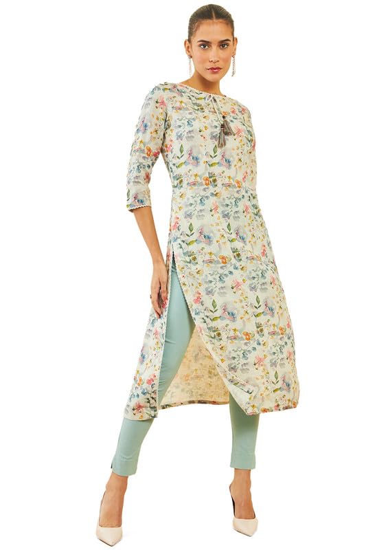 Soch Women Linen Kurta with Floral Print and Tassels