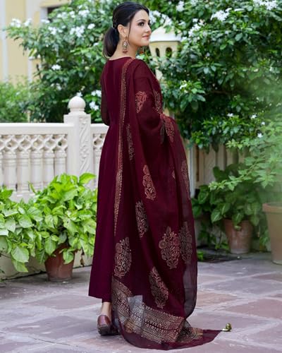 ANNI DESIGNER Womens Rayon Blend Solid Anarkali Kurta with Pant & Dupatta (MAGIC-WINE_L_Wine_Large)