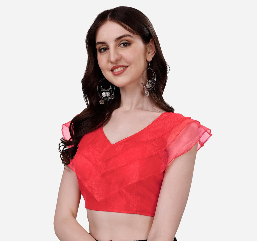 Pujia Mills Womens V Neck Orgenza Three Layer Ruffle Sleeve Frill Readymade Saree Blouse