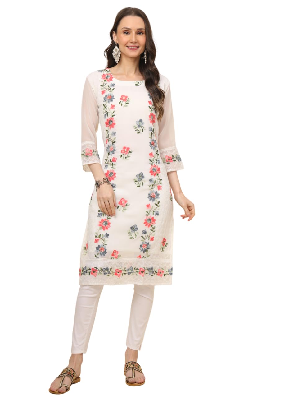 Ekasya Womens Georgette Straight Cut Round Neck Kurta with Beautiful Embroidery Work (E1628) White
