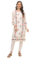 Ekasya Womens Georgette Straight Cut Round Neck Kurta with Beautiful Embroidery Work (E1628) White