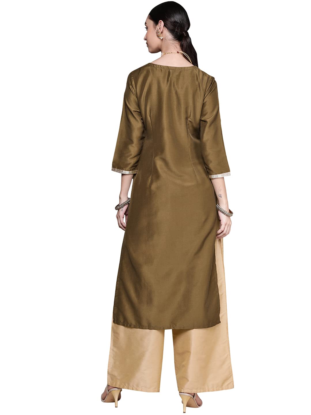 Ziyaa Women Women'S Olive Green Chinon Straight Kurta