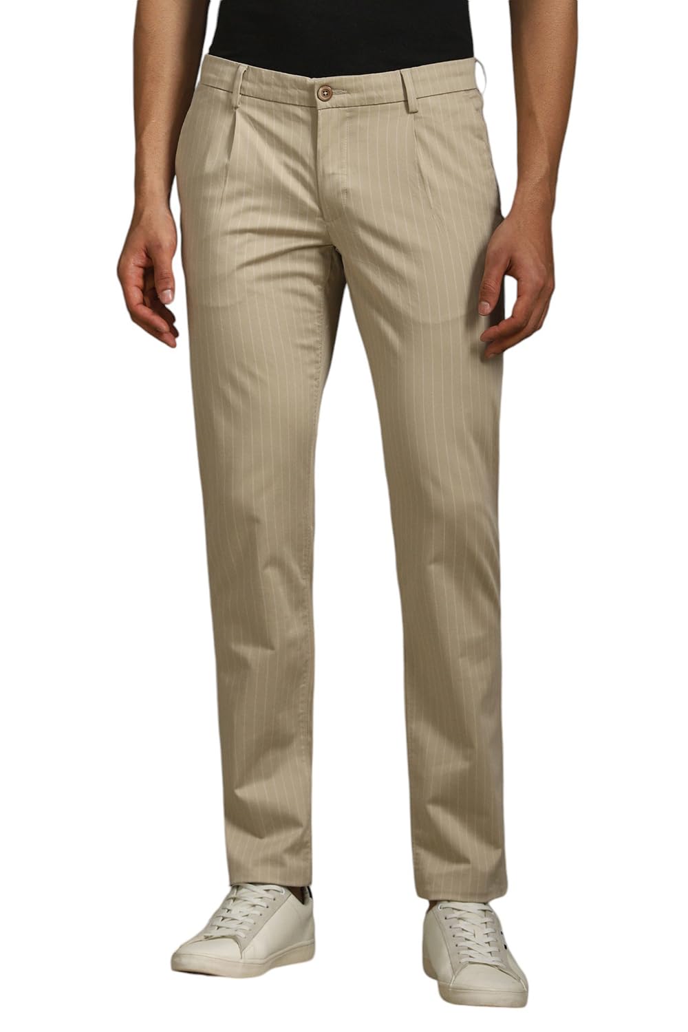 Men Beige Slim Tapered Fit Stripe Pleated Casual Trousers