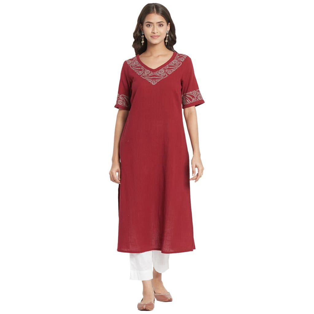 Fabindia Women Embroidered Long Kurta Cotton_S Maroon